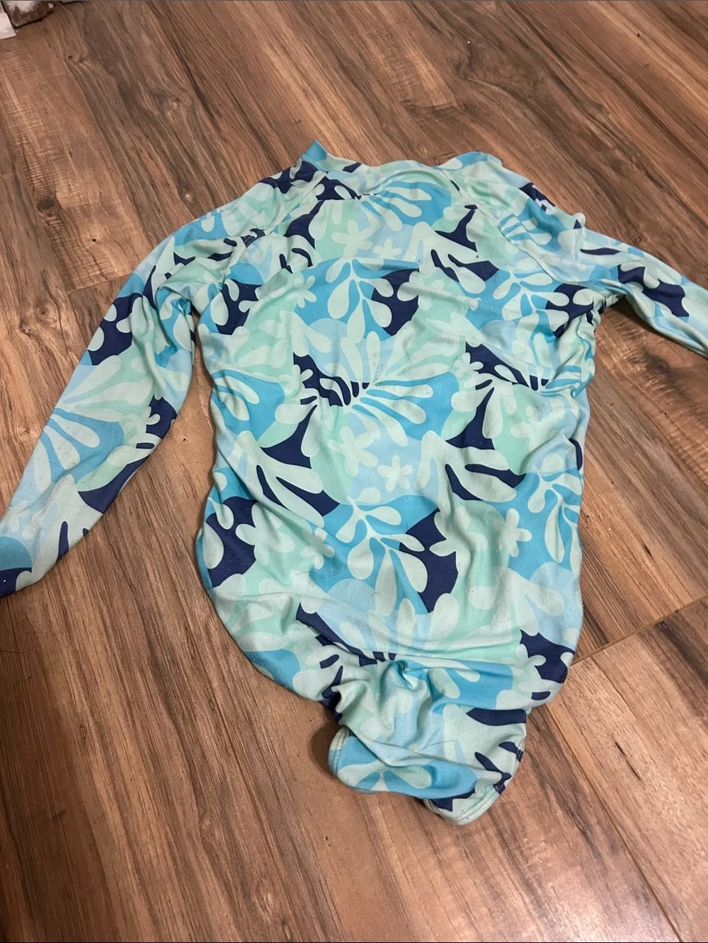 wonder nation Long-Sleeve Floral One-Piece Swimsuit - Aqua Blue & Navy